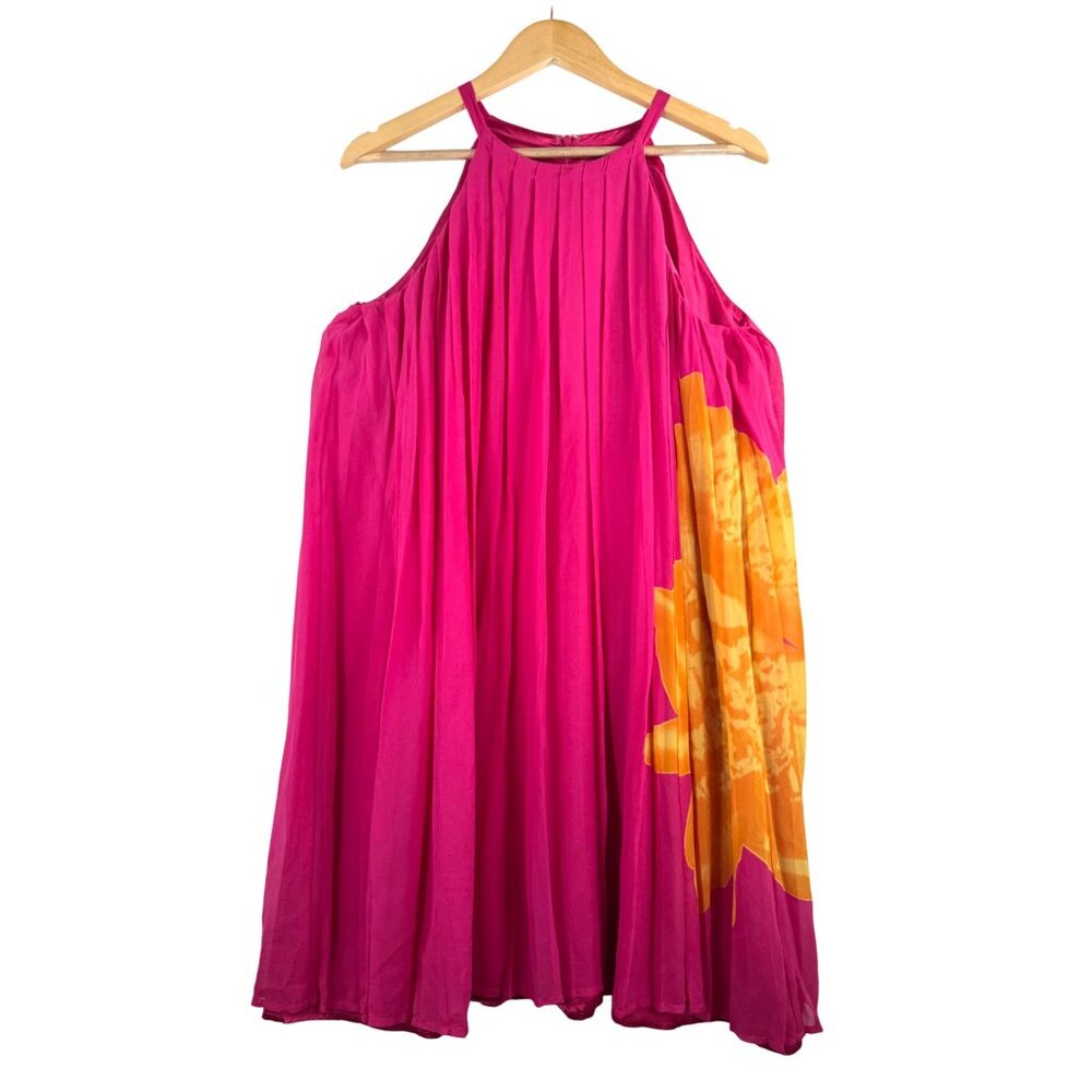 VTG‎ Express pleated 100% Silk floral swing dress PINK Y2K 90s sz L